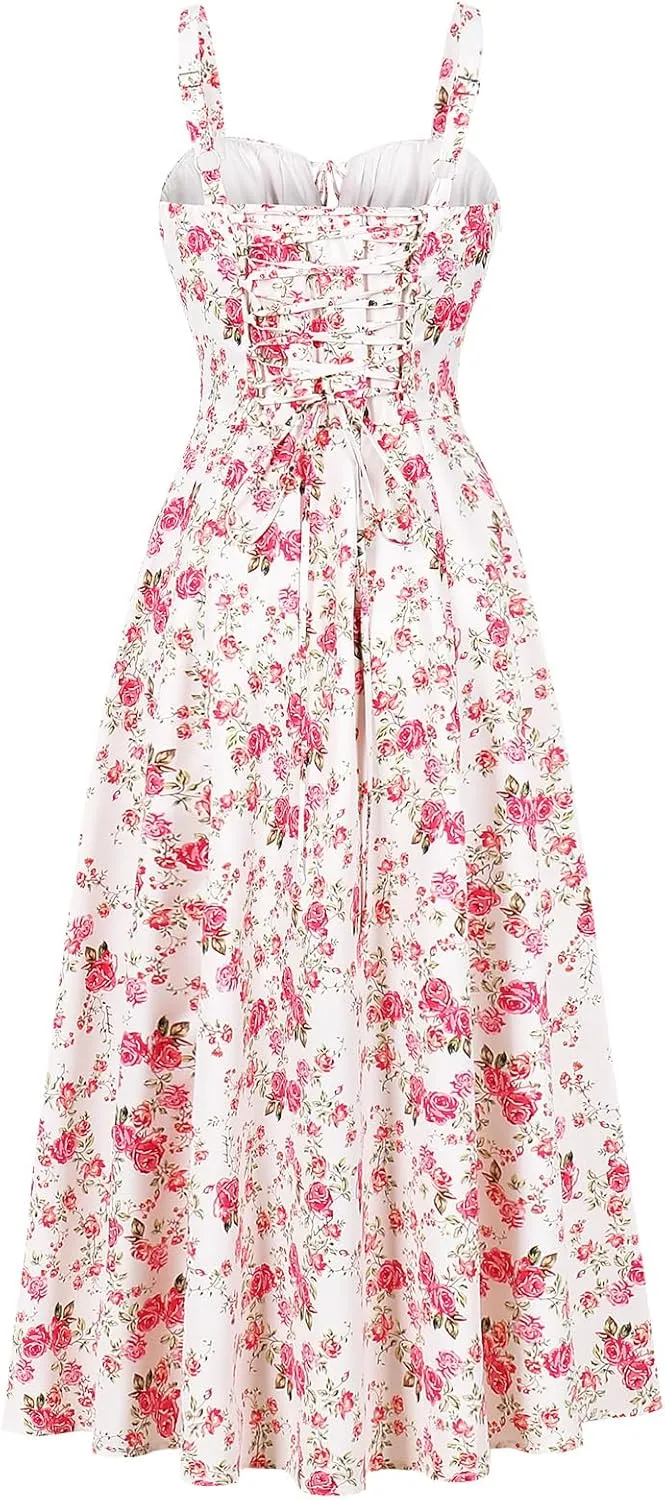 Women Floral Corset Dress Sleeveless Square Neck Spaghetti Straps Dress Boho Holiday Flowy Midi Bustier Sundress