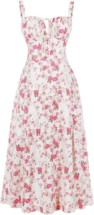 Women Floral Corset Dress Sleeveless Square Neck Spaghetti Straps Dress Boho Holiday Flowy Midi Bustier Sundress