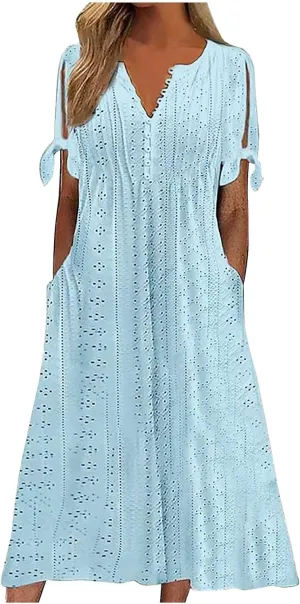 Women Hollow Eyelet Beach Dress Summer Tie Knot Short Sleeve Midi A-Line Dresses Casual Button V Neck T Shirt Dress