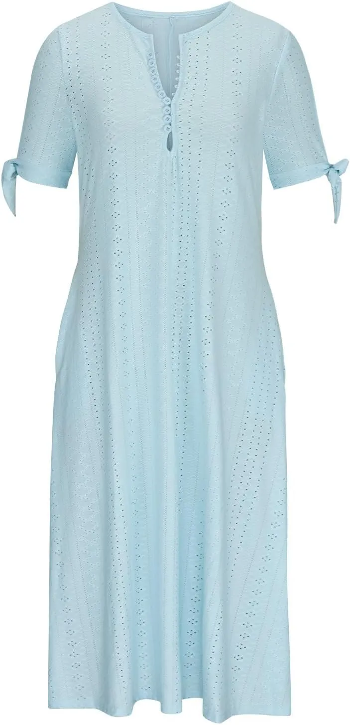 Women Hollow Eyelet Beach Dress Summer Tie Knot Short Sleeve Midi A-Line Dresses Casual Button V Neck T Shirt Dress