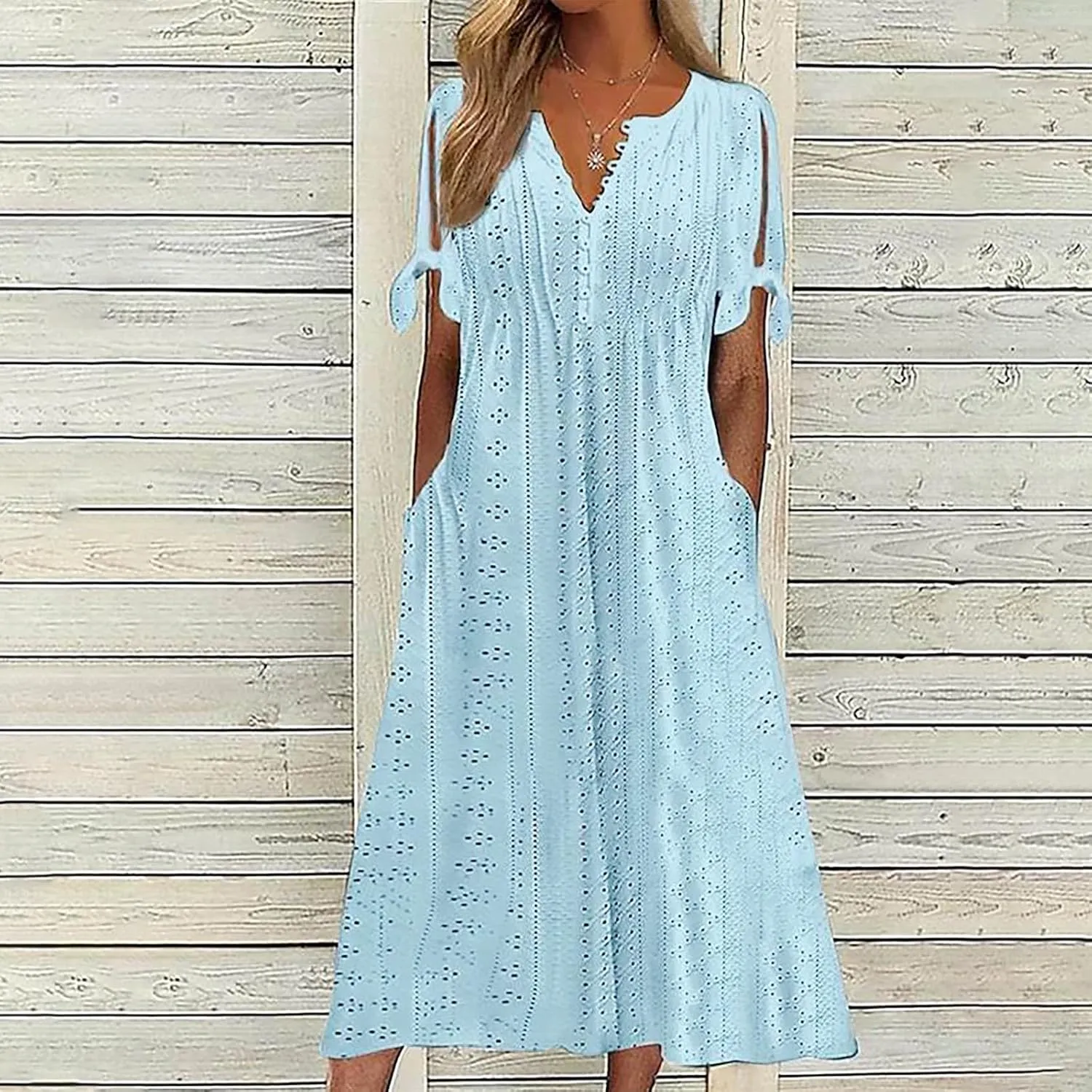 Women Hollow Eyelet Beach Dress Summer Tie Knot Short Sleeve Midi A-Line Dresses Casual Button V Neck T Shirt Dress