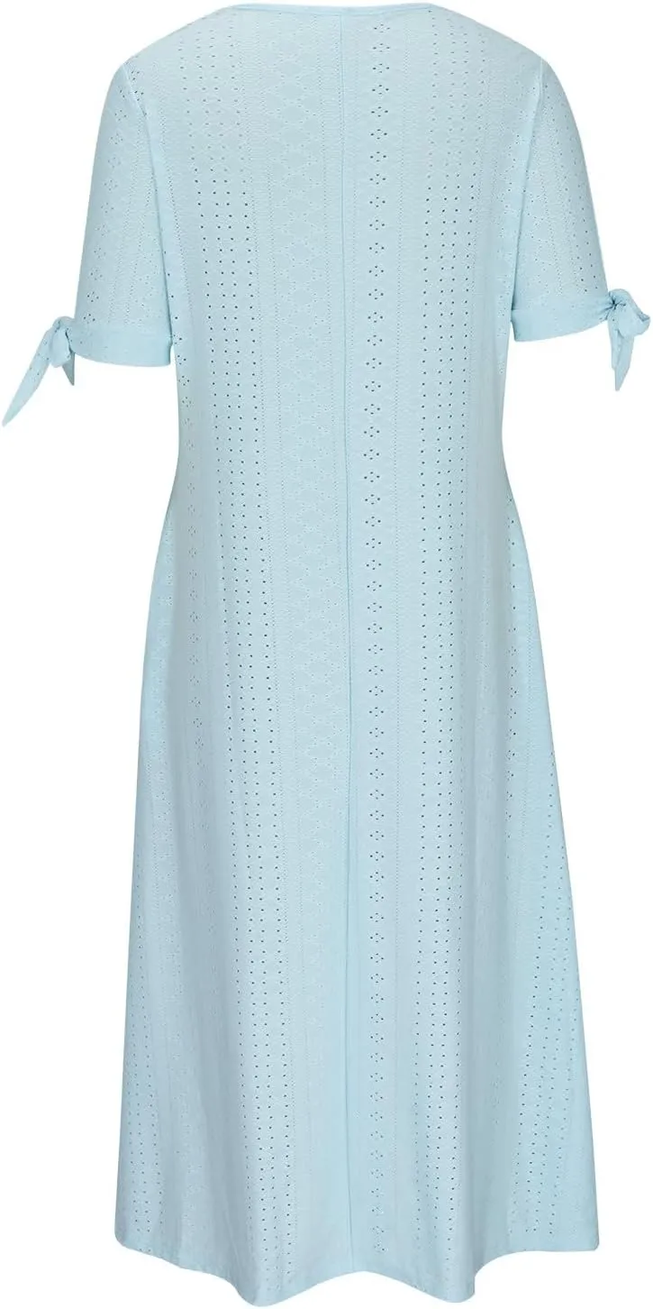 Women Hollow Eyelet Beach Dress Summer Tie Knot Short Sleeve Midi A-Line Dresses Casual Button V Neck T Shirt Dress