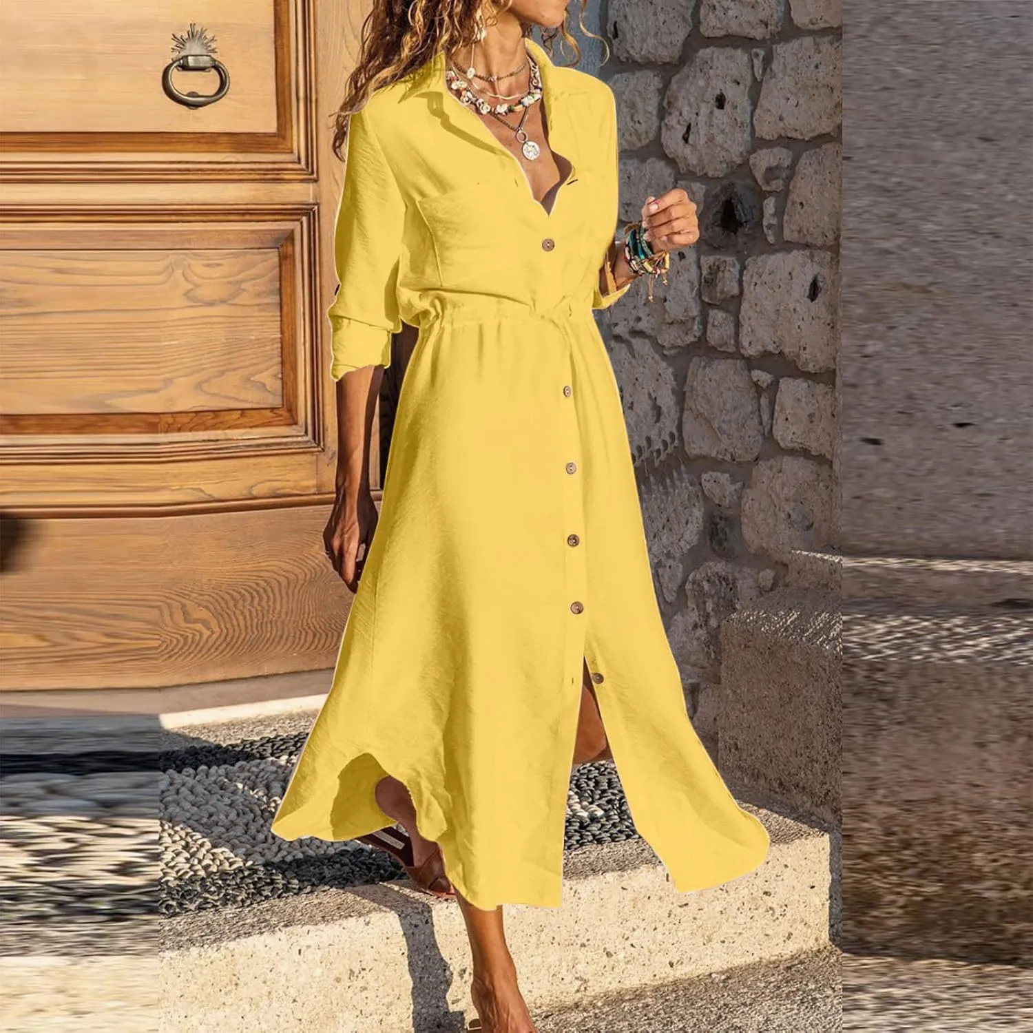 Women Lace-Up Waist-Defined Kaftan Dress Cotton Linen Button Down Shirt Dresses Casual Flowy Long Sleeve Beach Dress