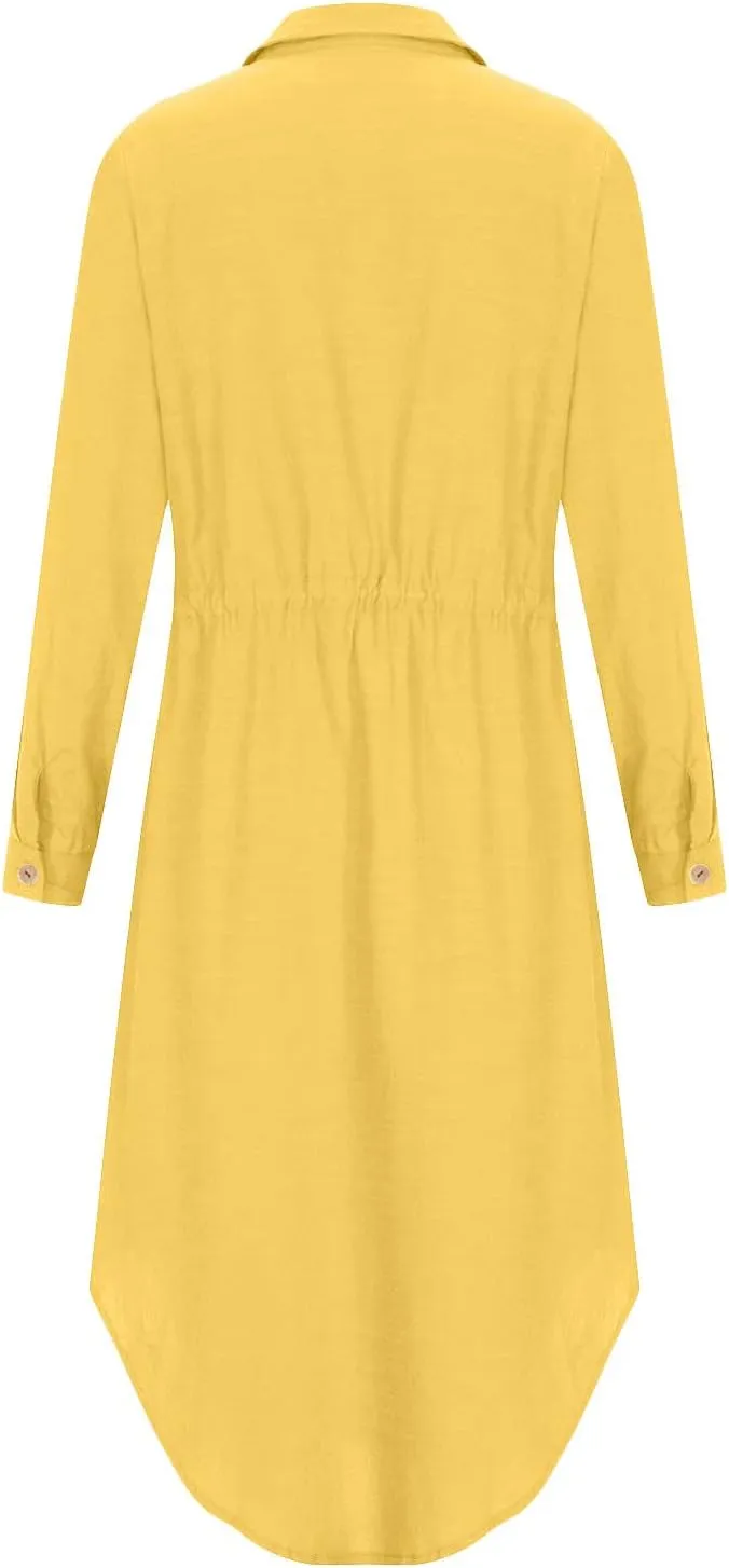 Women Lace-Up Waist-Defined Kaftan Dress Cotton Linen Button Down Shirt Dresses Casual Flowy Long Sleeve Beach Dress
