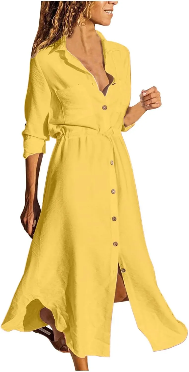 Women Lace-Up Waist-Defined Kaftan Dress Cotton Linen Button Down Shirt Dresses Casual Flowy Long Sleeve Beach Dress