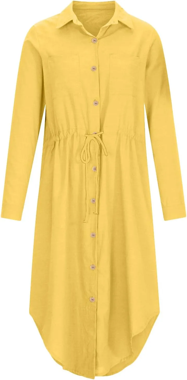 Women Lace-Up Waist-Defined Kaftan Dress Cotton Linen Button Down Shirt Dresses Casual Flowy Long Sleeve Beach Dress