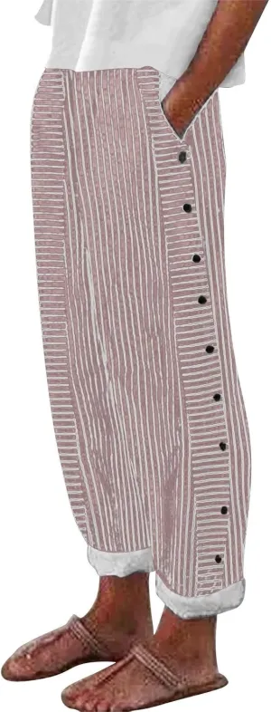 Women Linen Palazzo Pants Elastic Waist Side Back Four Pockets 9/10 Pants Gingham Casual Striped Slacks Beach
