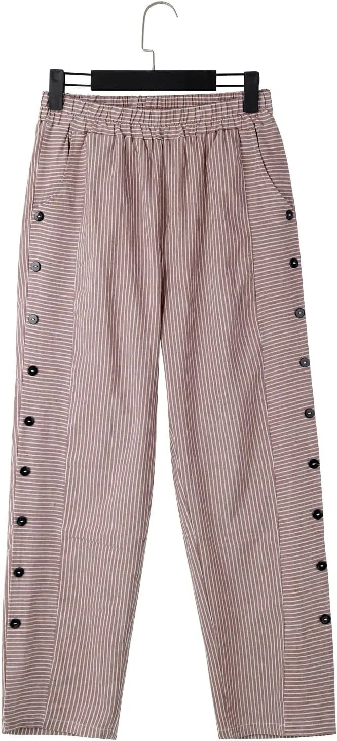 Women Linen Palazzo Pants Elastic Waist Side Back Four Pockets 9/10 Pants Gingham Casual Striped Slacks Beach