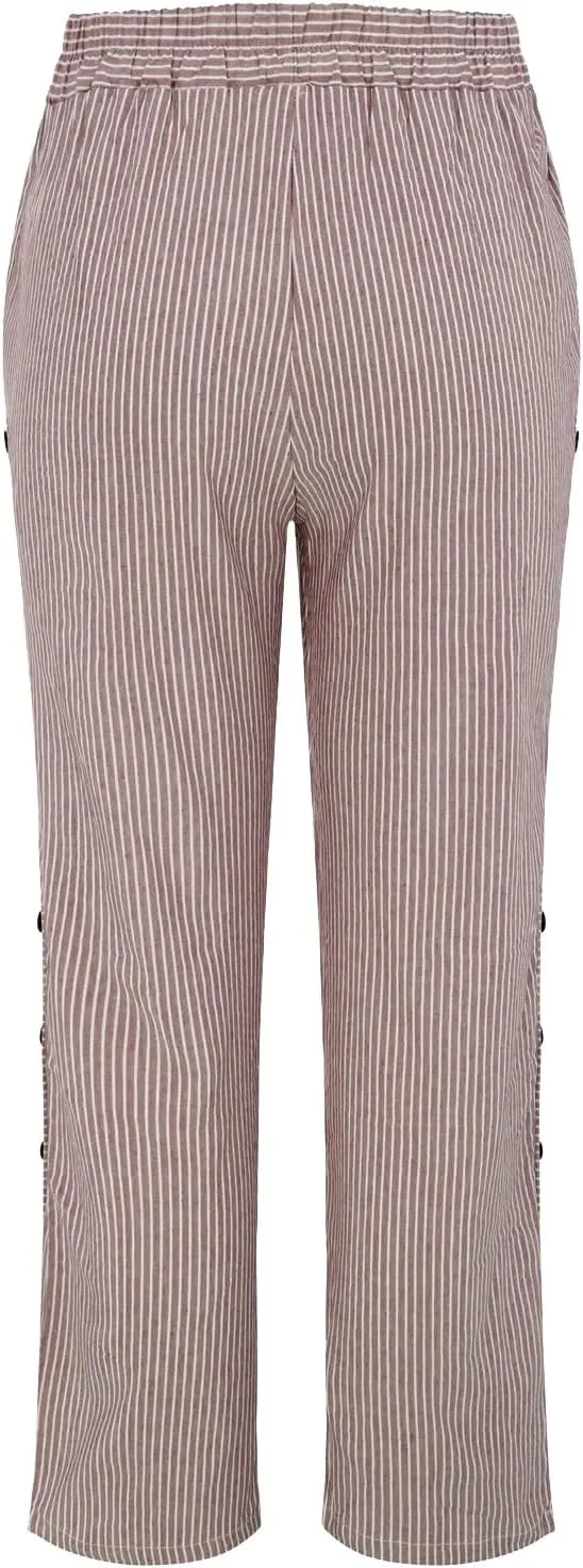 Women Linen Palazzo Pants Elastic Waist Side Back Four Pockets 9/10 Pants Gingham Casual Striped Slacks Beach