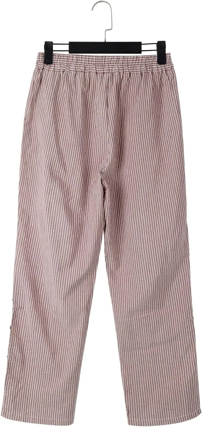 Women Linen Palazzo Pants Elastic Waist Side Back Four Pockets 9/10 Pants Gingham Casual Striped Slacks Beach