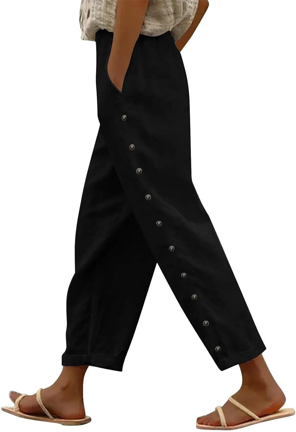 Women Linen Palazzo Pants Linen High Elastic Waist Drawstring Ankle Pants Business Casual Pull On with Pockets