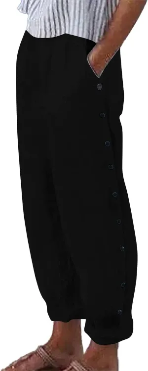 Women Linen Palazzo Pants Linen High Elastic Waist Drawstring Ankle Pants Business Casual Pull On with Pockets
