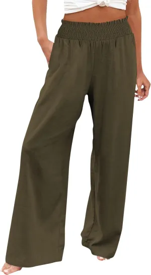 Women Linen Palazzo Pants Wide Leg High Waist Summer Casual Boho Trousers Travel Vacation Long Work