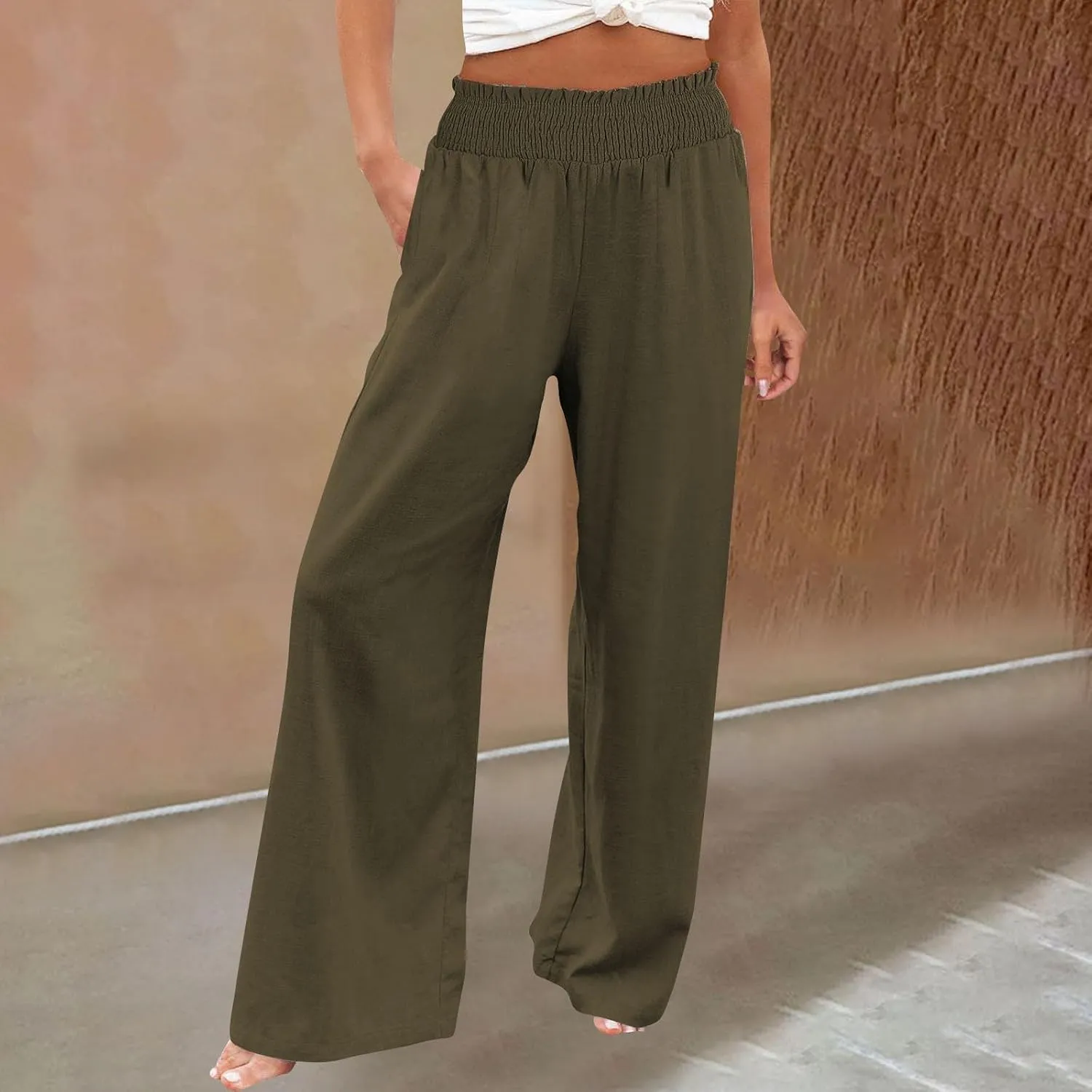 Women Linen Palazzo Pants Wide Leg High Waist Summer Casual Boho Trousers Travel Vacation Long Work