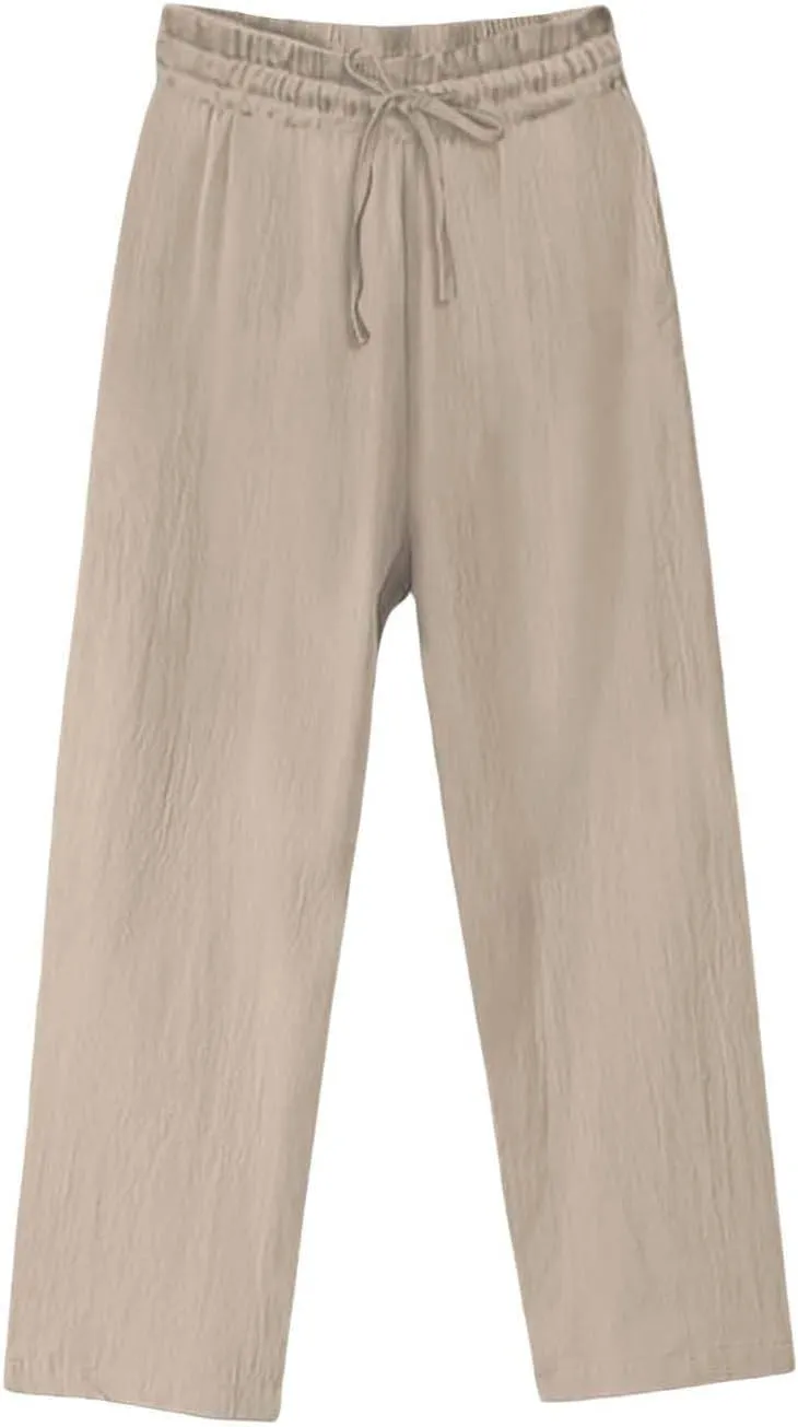 Women Linen Palazzo Pants Wide Leg,High Waist Casual Lounge Pant with Pockets Trendy Plus Size Loose Trousers Pants