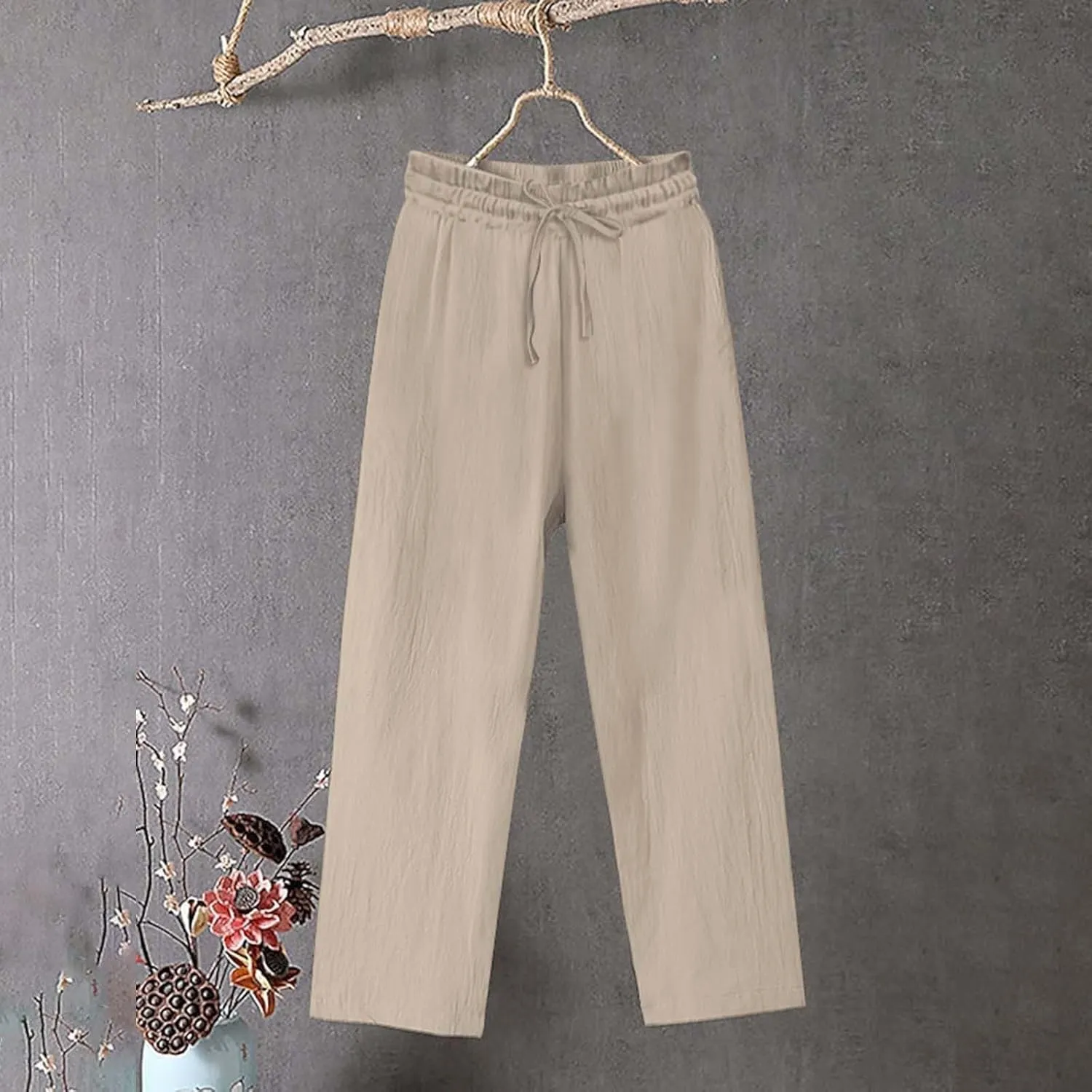 Women Linen Palazzo Pants Wide Leg,High Waist Casual Lounge Pant with Pockets Trendy Plus Size Loose Trousers Pants