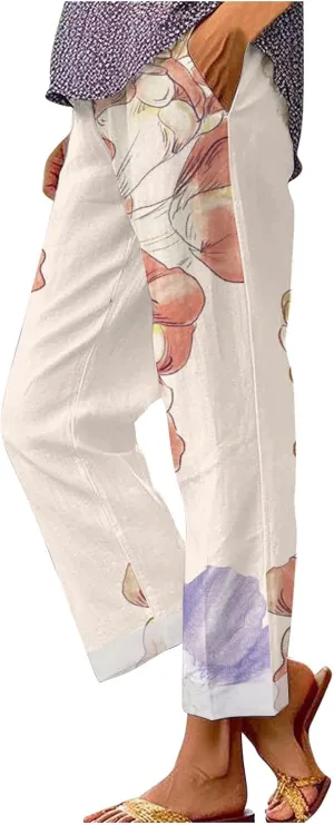 Women Linen Pants Solid Elastic Pants Long Drawstring Linen Women Waist Cotton Casual Pants Casual Button Up Flowy