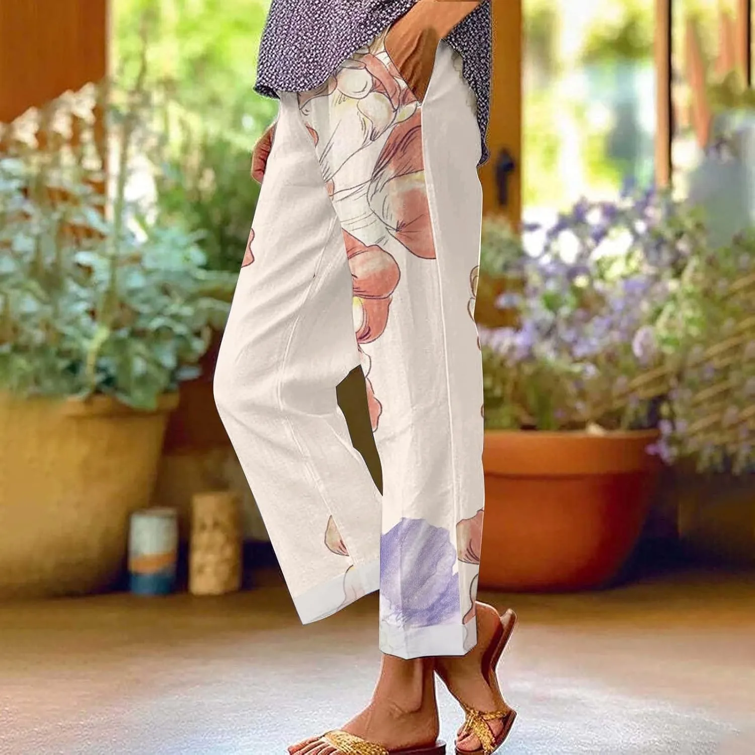 Women Linen Pants Solid Elastic Pants Long Drawstring Linen Women Waist Cotton Casual Pants Casual Button Up Flowy