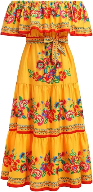 Women Mexican Dress Off Shoulder Floral Long Maxi Dress Summer Beach Party Cinco de Mayo Dresses with Belt
