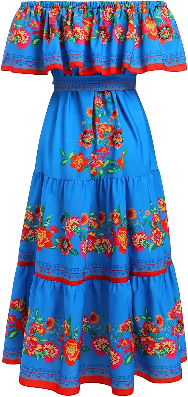 Women Mexican Dress Off Shoulder Floral Long Maxi Dress Summer Beach Party Cinco de Mayo Dresses with Belt