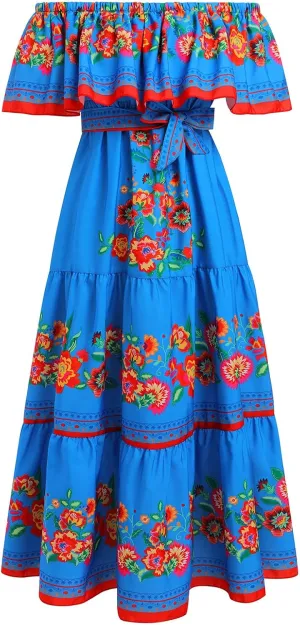 Women Mexican Dress Off Shoulder Floral Long Maxi Dress Summer Beach Party Cinco de Mayo Dresses with Belt