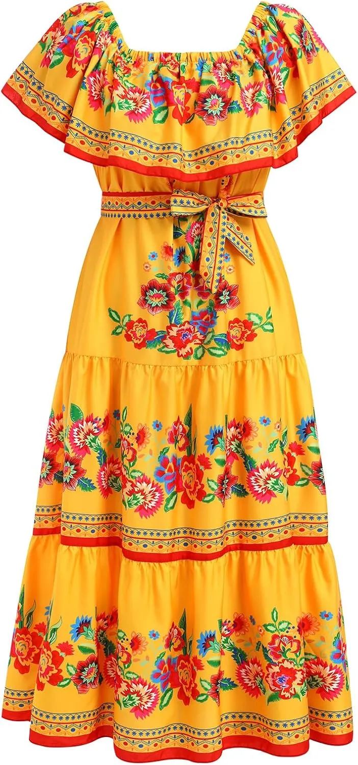 Women Mexican Dress Off Shoulder Floral Long Maxi Dress Summer Beach Party Cinco de Mayo Dresses with Belt