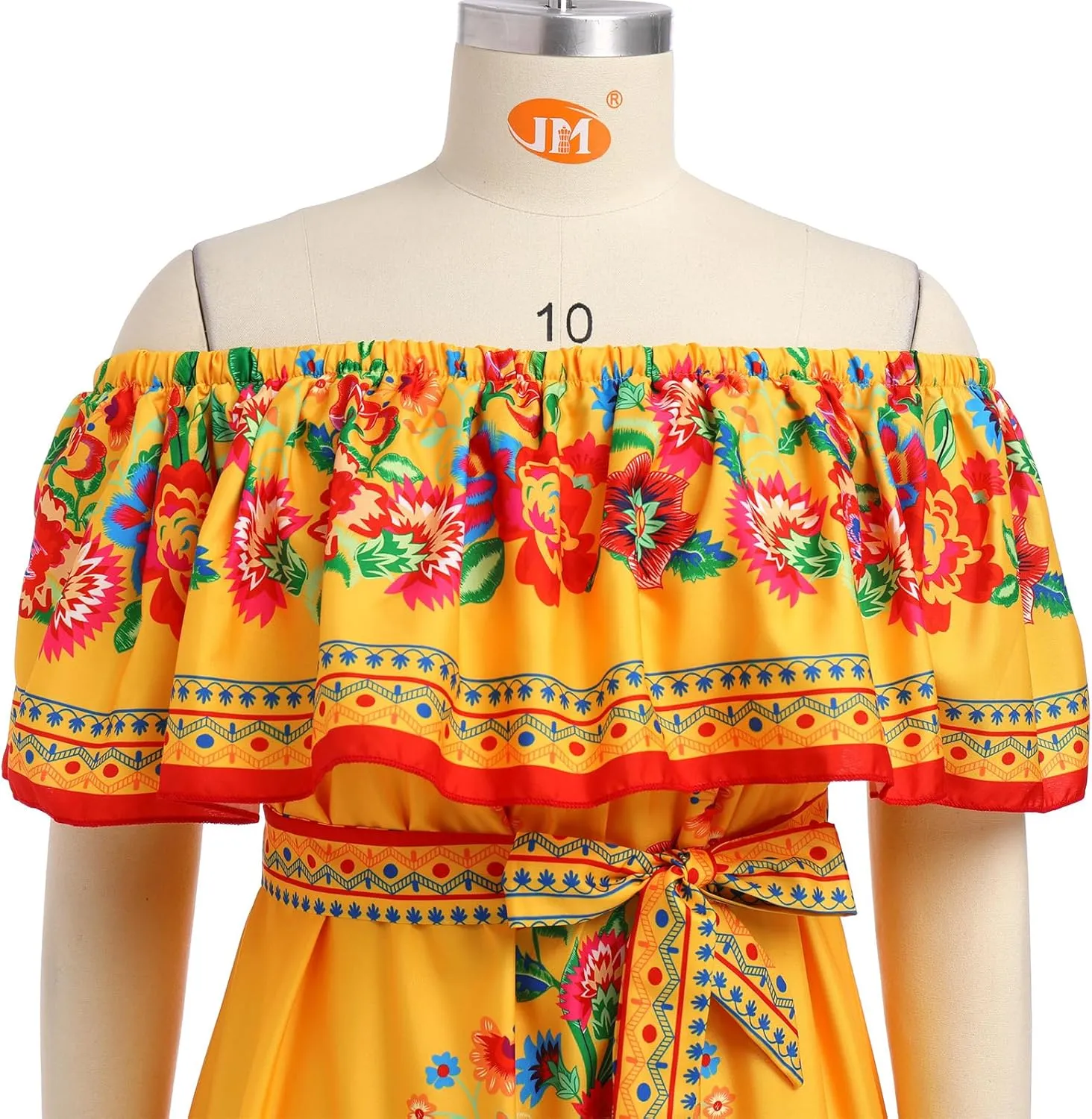 Women Mexican Dress Off Shoulder Floral Long Maxi Dress Summer Beach Party Cinco de Mayo Dresses with Belt