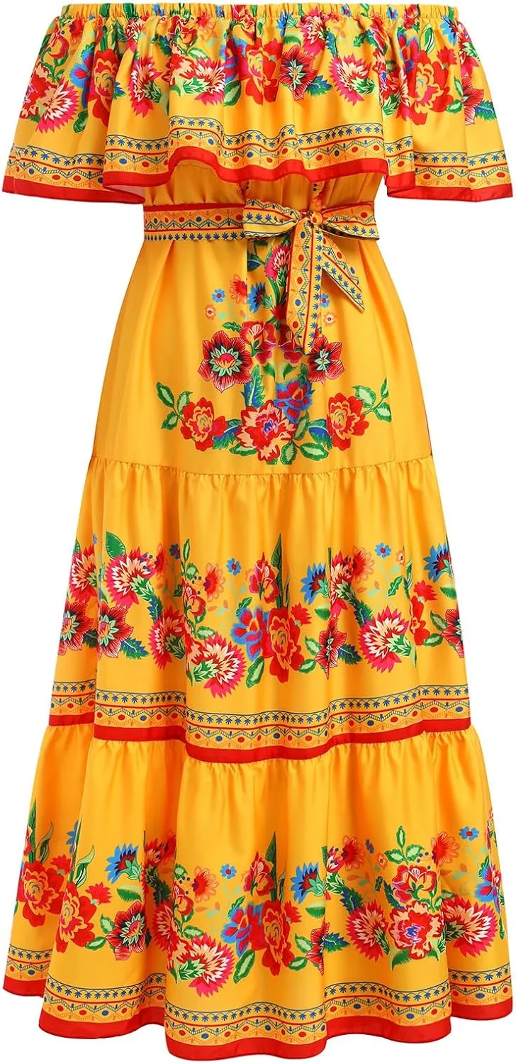 Women Mexican Dress Off Shoulder Floral Long Maxi Dress Summer Beach Party Cinco de Mayo Dresses with Belt