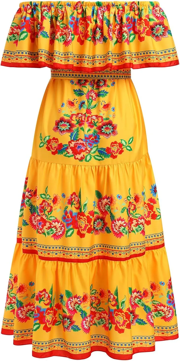 Women Mexican Dress Off Shoulder Floral Long Maxi Dress Summer Beach Party Cinco de Mayo Dresses with Belt
