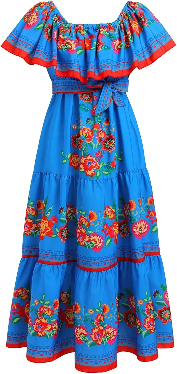 Women Mexican Dress Off Shoulder Floral Long Maxi Dress Summer Beach Party Cinco de Mayo Dresses with Belt