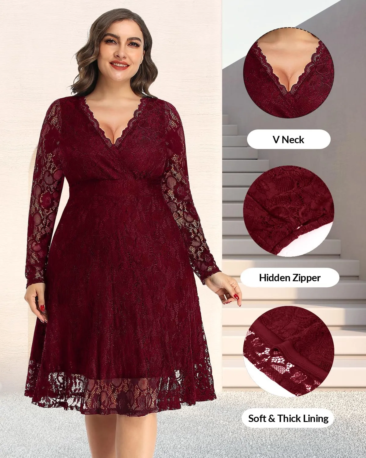 Women Plus Size Wedding Guest Dresses Cocktail Black Wrap Lace Fall Formal Long Sleeve Knee Length Evening Party Dress