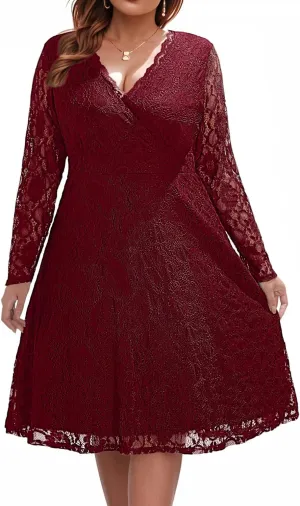 Women Plus Size Wedding Guest Dresses Cocktail Black Wrap Lace Fall Formal Long Sleeve Knee Length Evening Party Dress