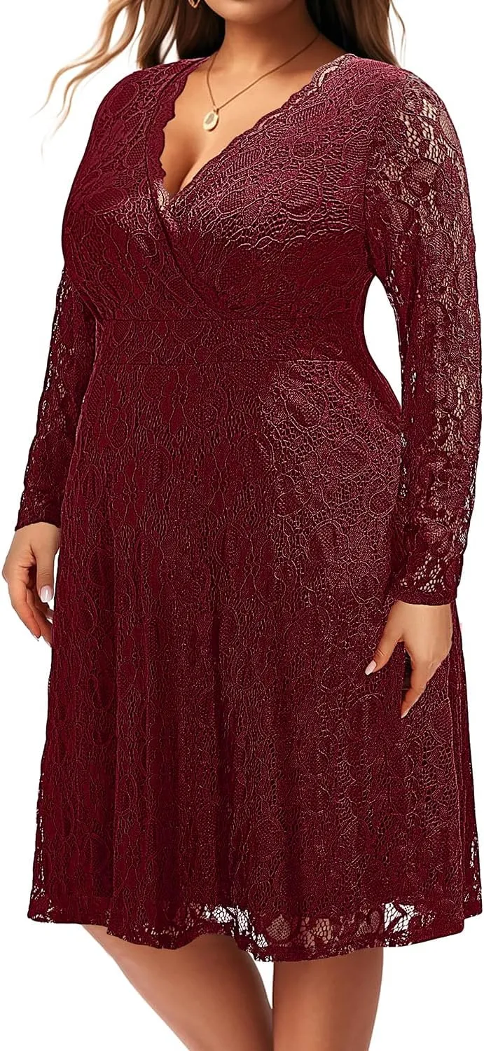 Women Plus Size Wedding Guest Dresses Cocktail Black Wrap Lace Fall Formal Long Sleeve Knee Length Evening Party Dress