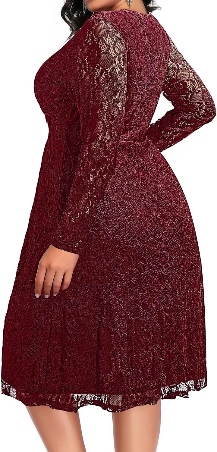 Women Plus Size Wedding Guest Dresses Cocktail Black Wrap Lace Fall Formal Long Sleeve Knee Length Evening Party Dress