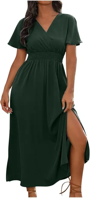 Women Plus Size Wrap V Neck Midi Dress High Waisted Side Split Elegant Casual Evening Party Date Long Dress Trendy