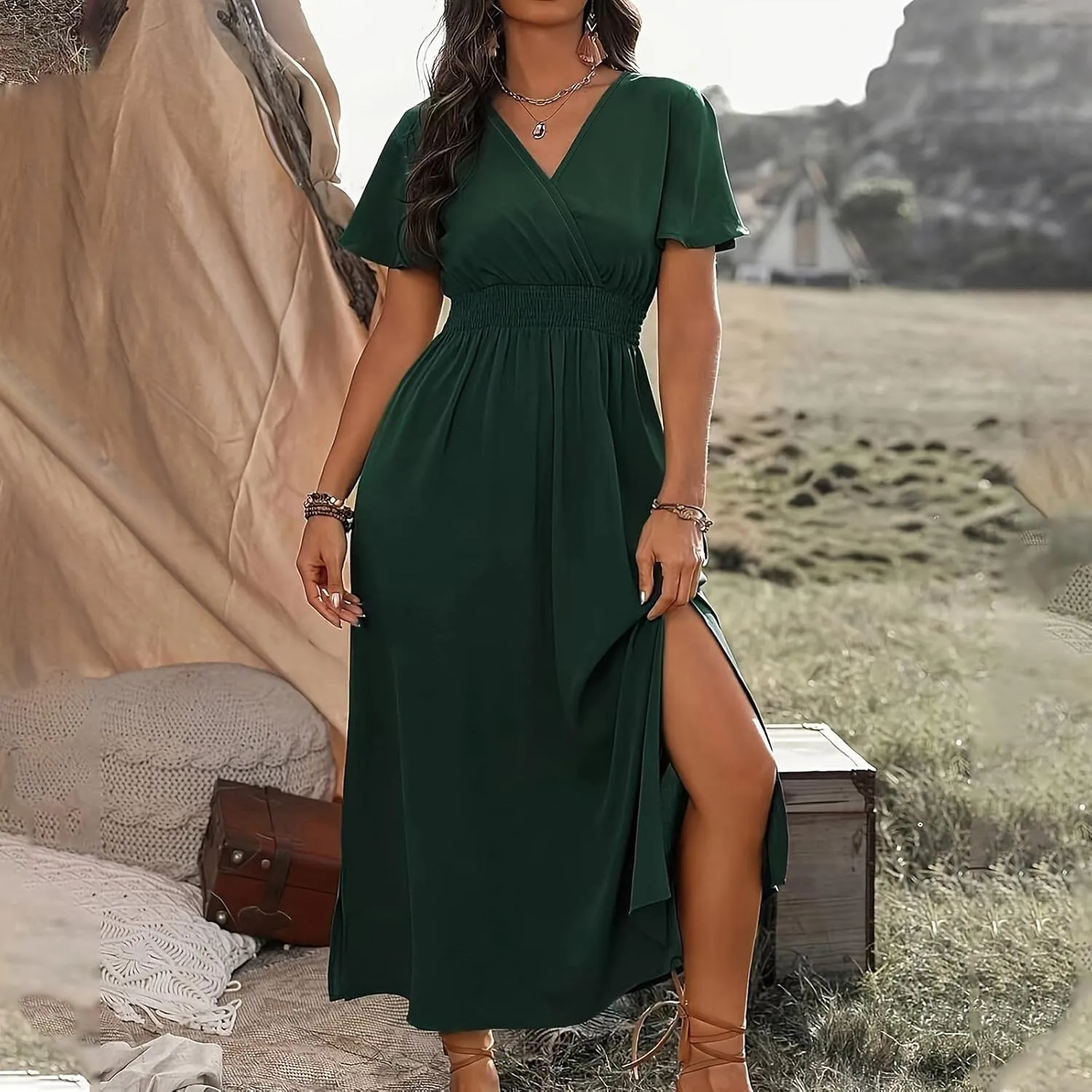 Women Plus Size Wrap V Neck Midi Dress High Waisted Side Split Elegant Casual Evening Party Date Long Dress Trendy