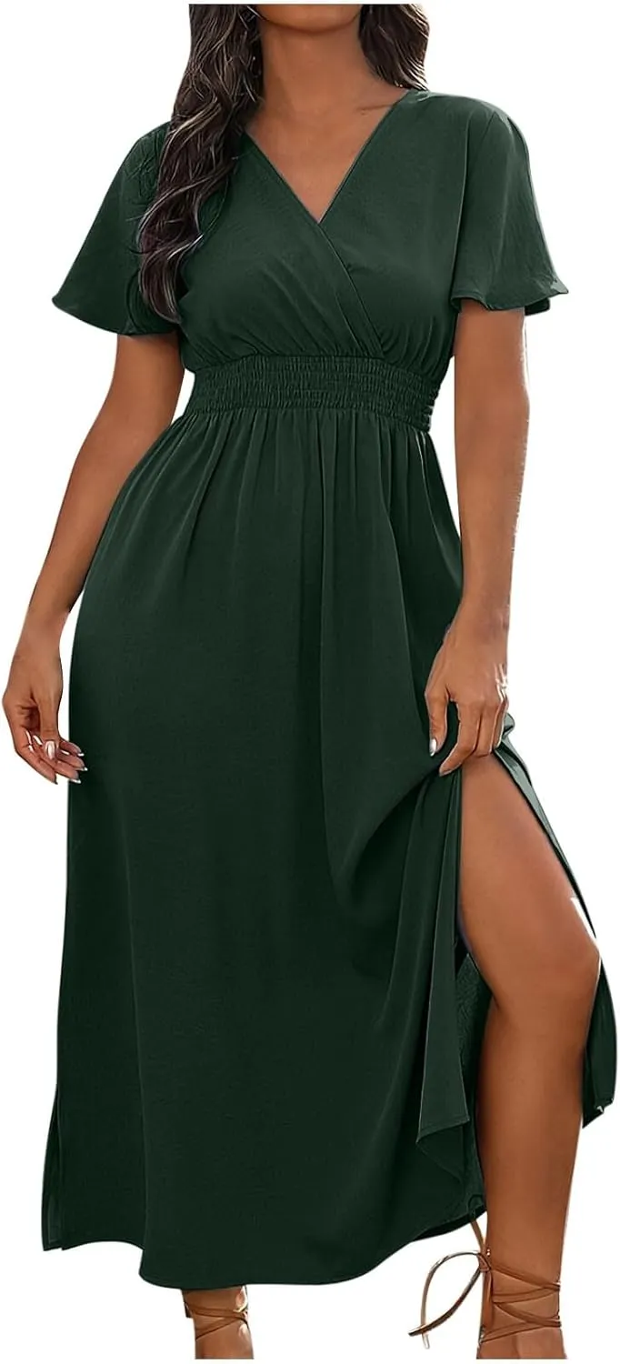 Women Plus Size Wrap V Neck Midi Dress High Waisted Side Split Elegant Casual Evening Party Date Long Dress Trendy
