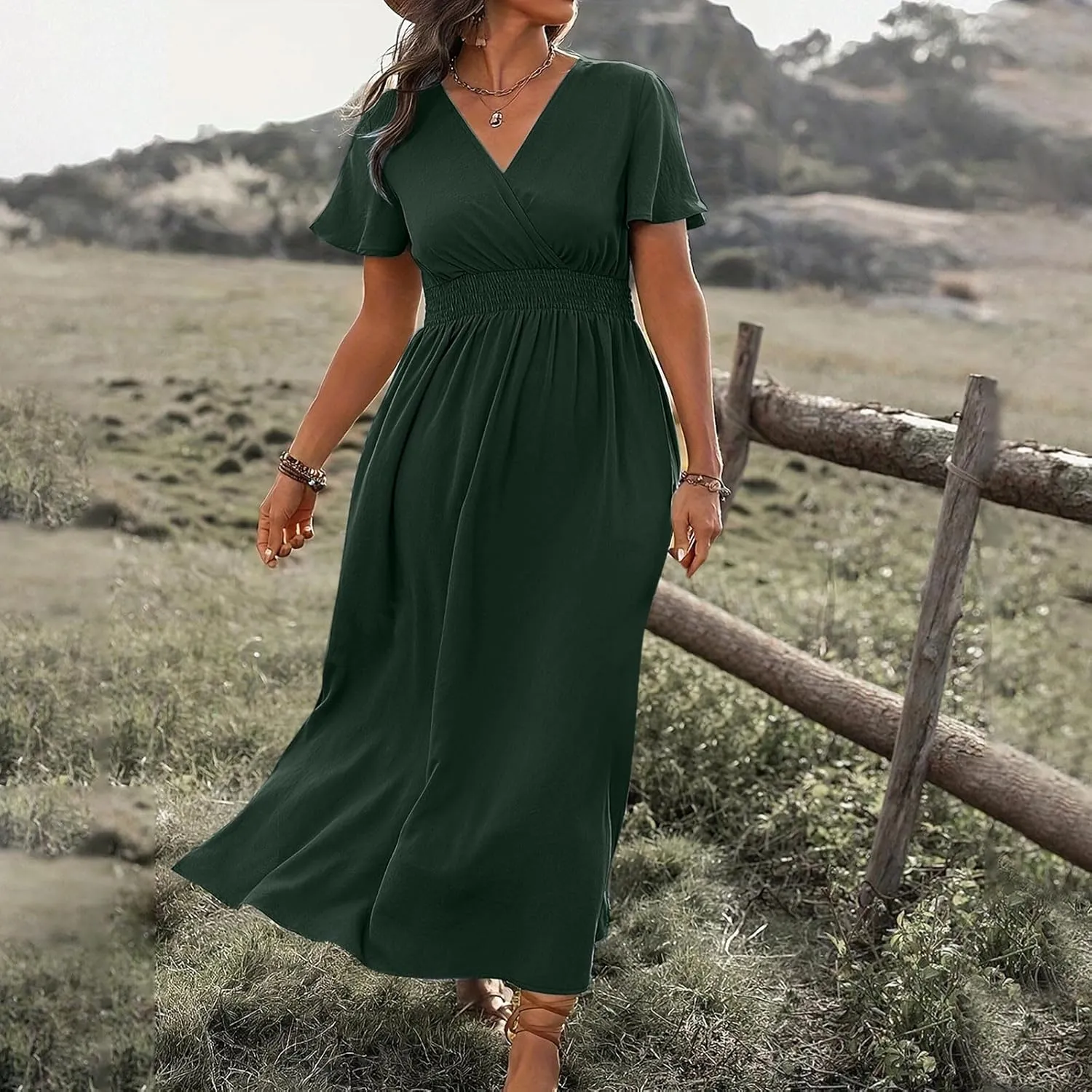 Women Plus Size Wrap V Neck Midi Dress High Waisted Side Split Elegant Casual Evening Party Date Long Dress Trendy