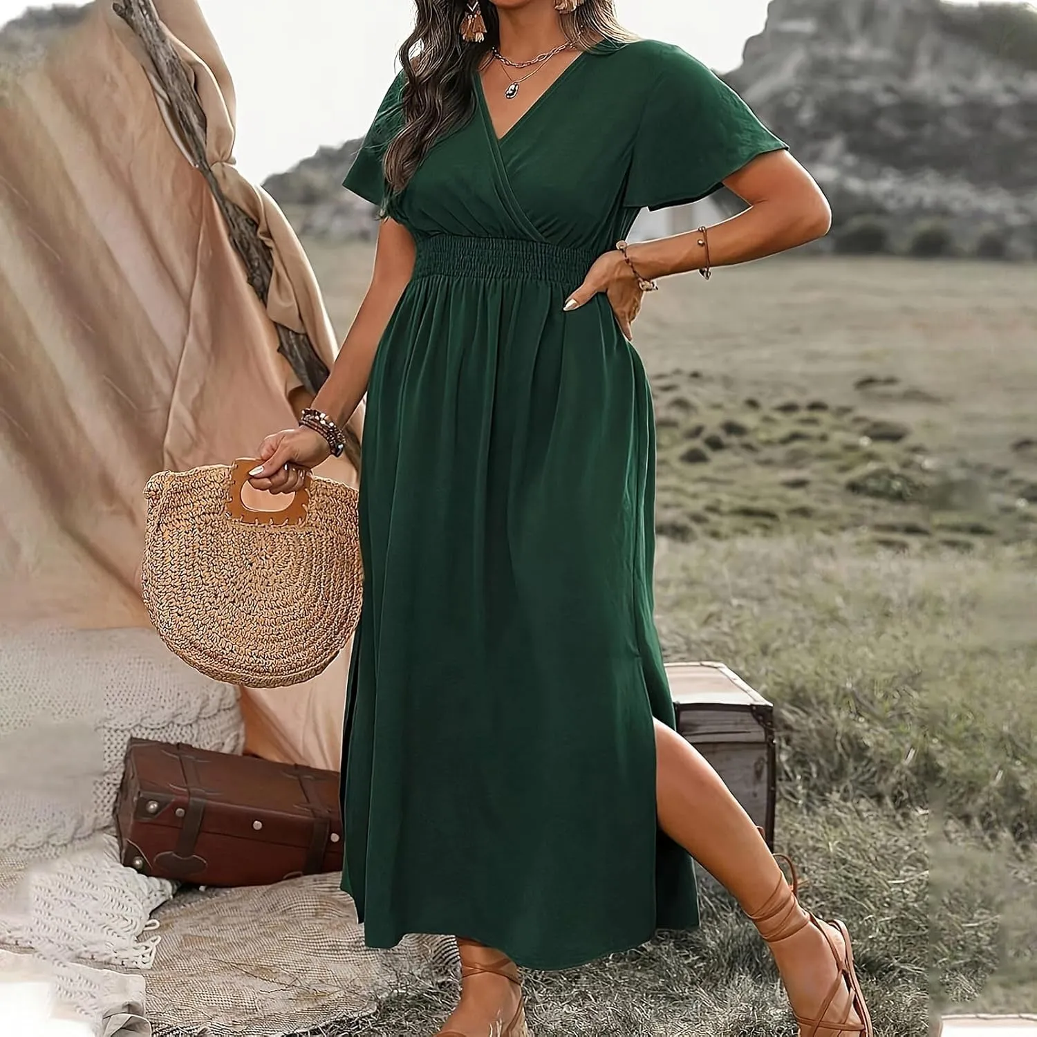 Women Plus Size Wrap V Neck Midi Dress High Waisted Side Split Elegant Casual Evening Party Date Long Dress Trendy