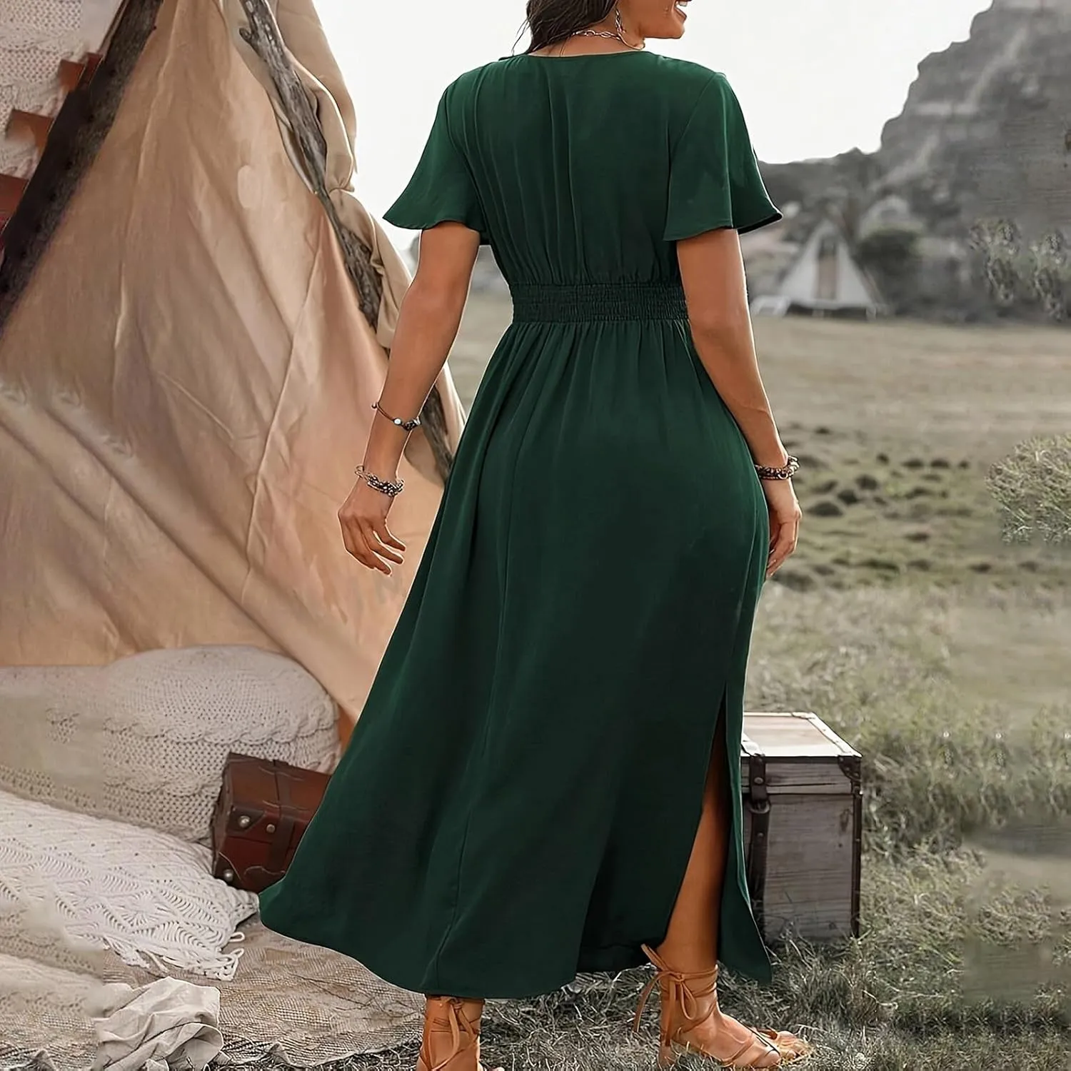 Women Plus Size Wrap V Neck Midi Dress High Waisted Side Split Elegant Casual Evening Party Date Long Dress Trendy