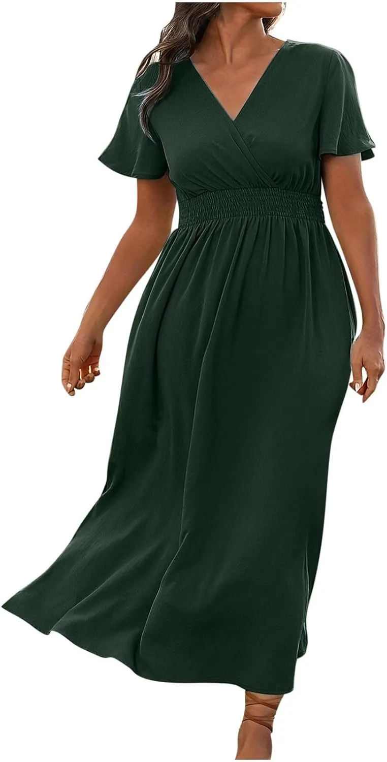 Women Plus Size Wrap V Neck Midi Dress High Waisted Side Split Elegant Casual Evening Party Date Long Dress Trendy