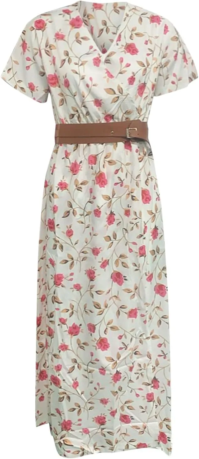 Women Summer Bohemian Floral Casual Wrap V Neck Ruffle Cap Sleeveless Belt A-Line Pleated Hem Midi Sun Dress White