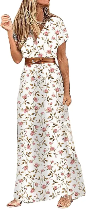 Women Summer Bohemian Floral Casual Wrap V Neck Ruffle Cap Sleeveless Belt A-Line Pleated Hem Midi Sun Dress White