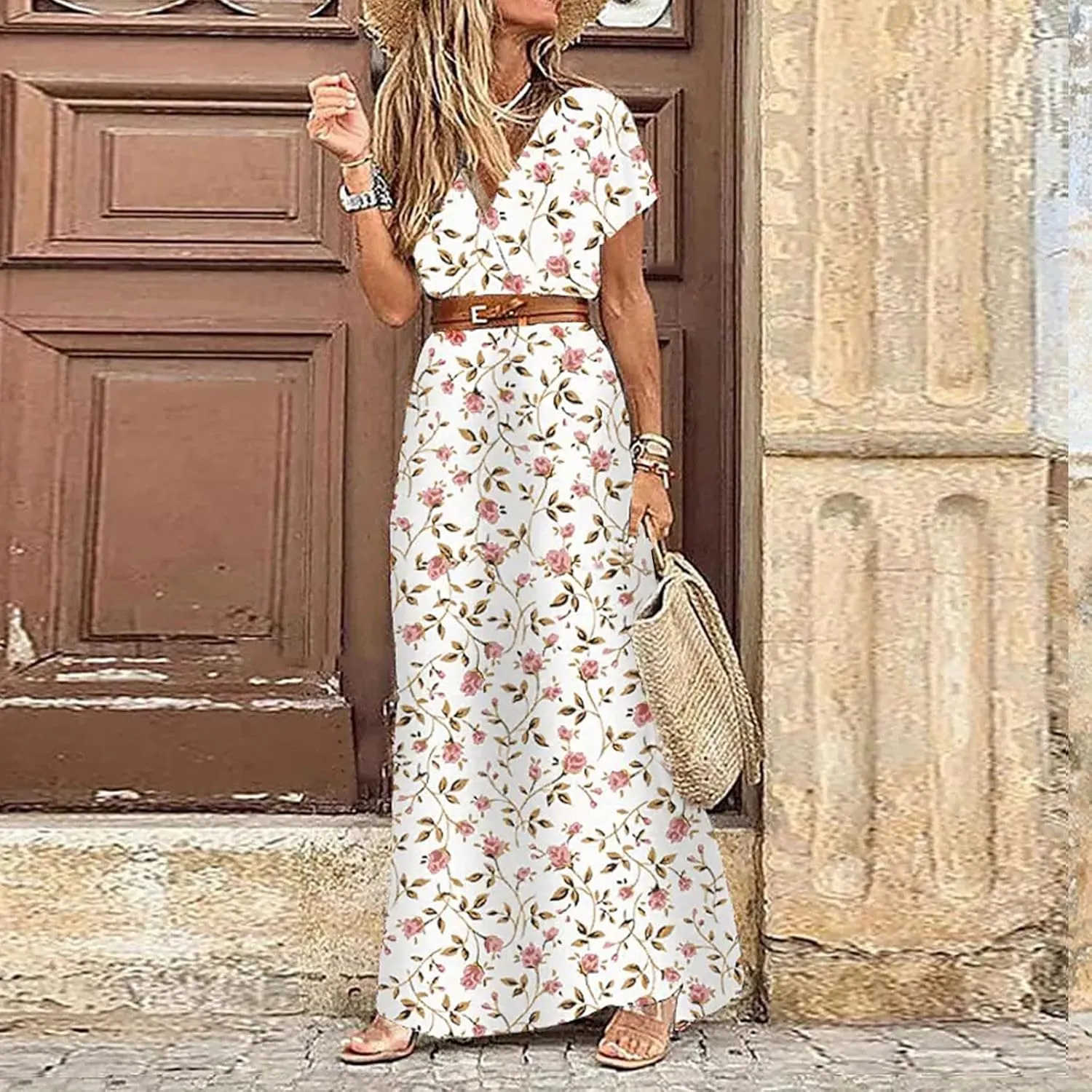Women Summer Bohemian Floral Casual Wrap V Neck Ruffle Cap Sleeveless Belt A-Line Pleated Hem Midi Sun Dress White