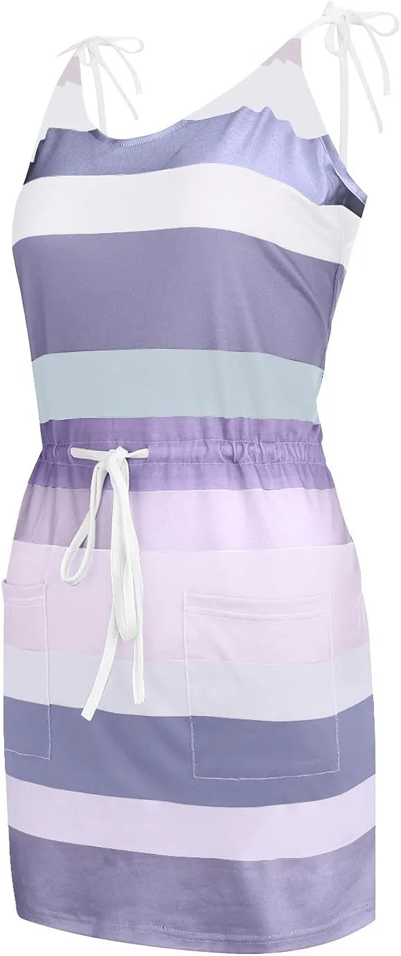 Women Summer Casual Short Dresses Sleeveless V Neck Drawstring T Shirt Dress Mini Dress Striped Sundress with Pockets