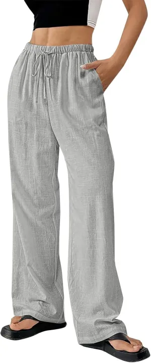 Women Summer Drawstring Pants Waist Wide Leg Pant Loose Cotton Linen Palazzo Trousers Casual Beach Long Clothes