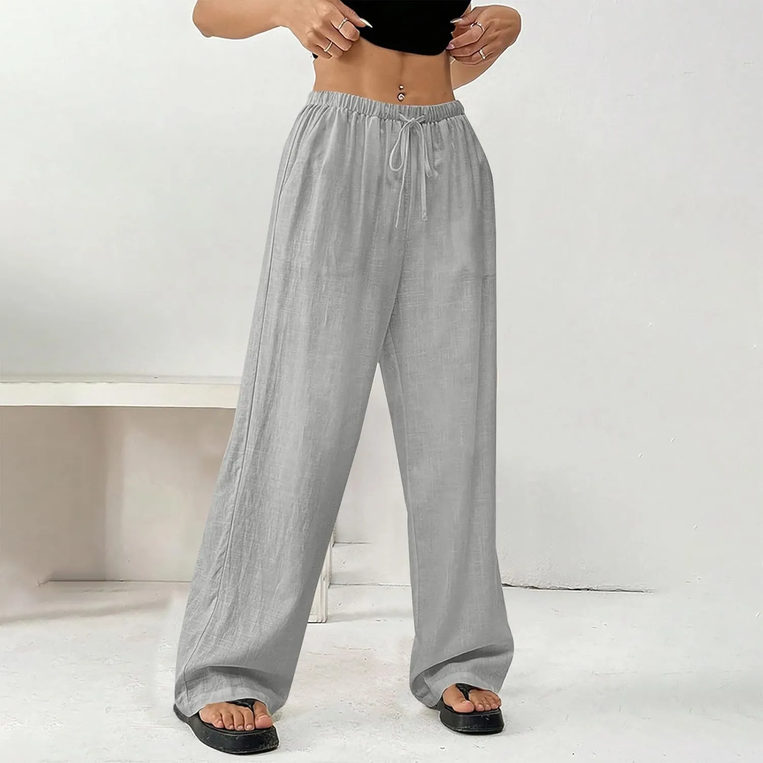 Women Summer Drawstring Pants Waist Wide Leg Pant Loose Cotton Linen Palazzo Trousers Casual Beach Long Clothes