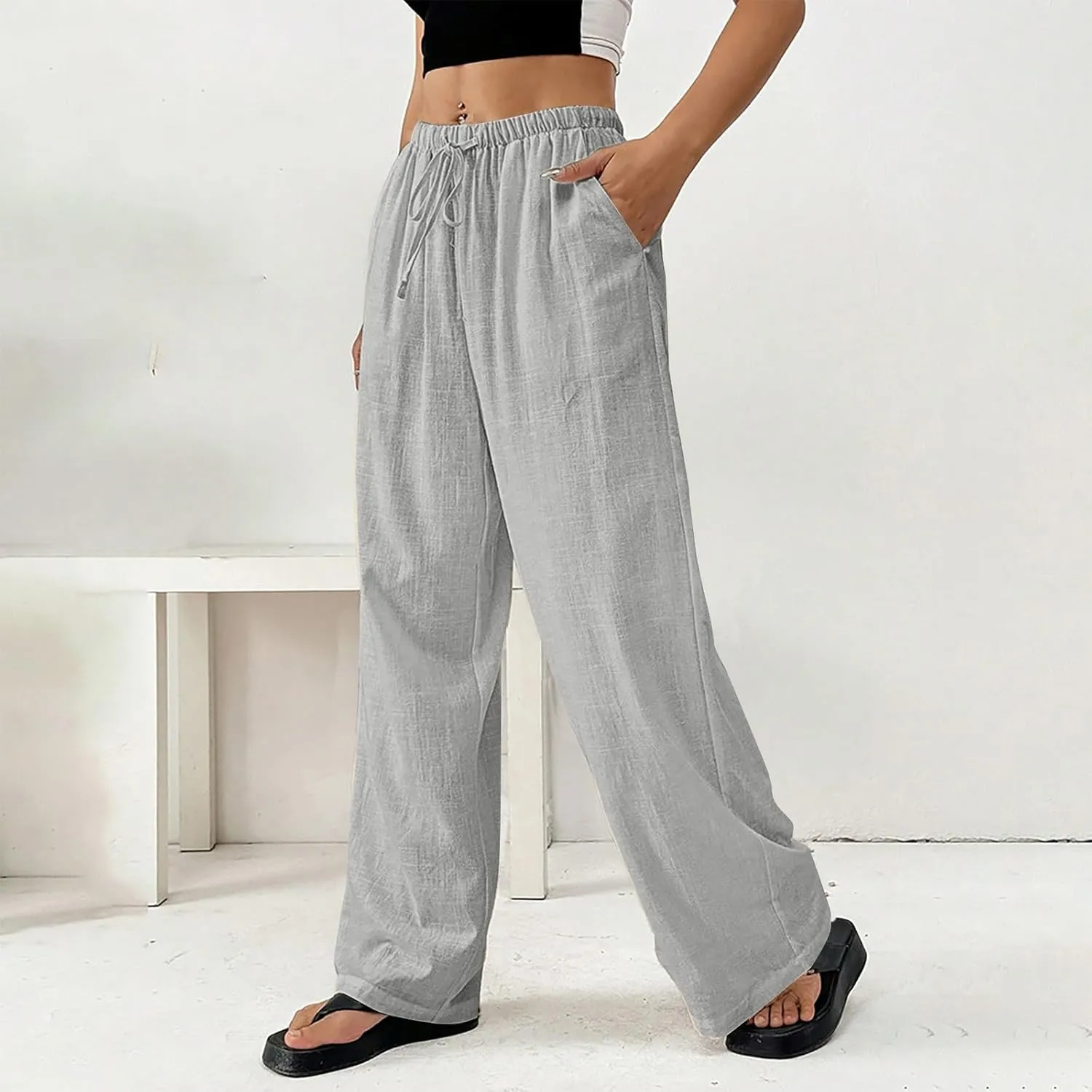Women Summer Drawstring Pants Waist Wide Leg Pant Loose Cotton Linen Palazzo Trousers Casual Beach Long Clothes