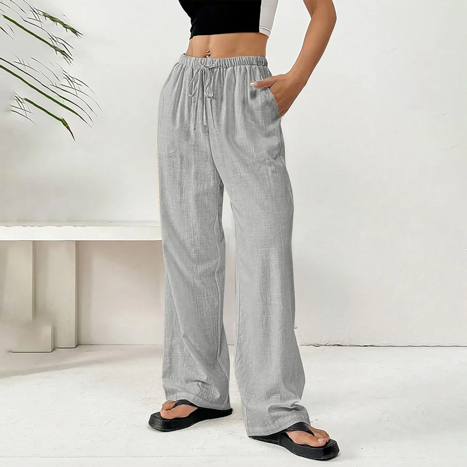 Women Summer Drawstring Pants Waist Wide Leg Pant Loose Cotton Linen Palazzo Trousers Casual Beach Long Clothes