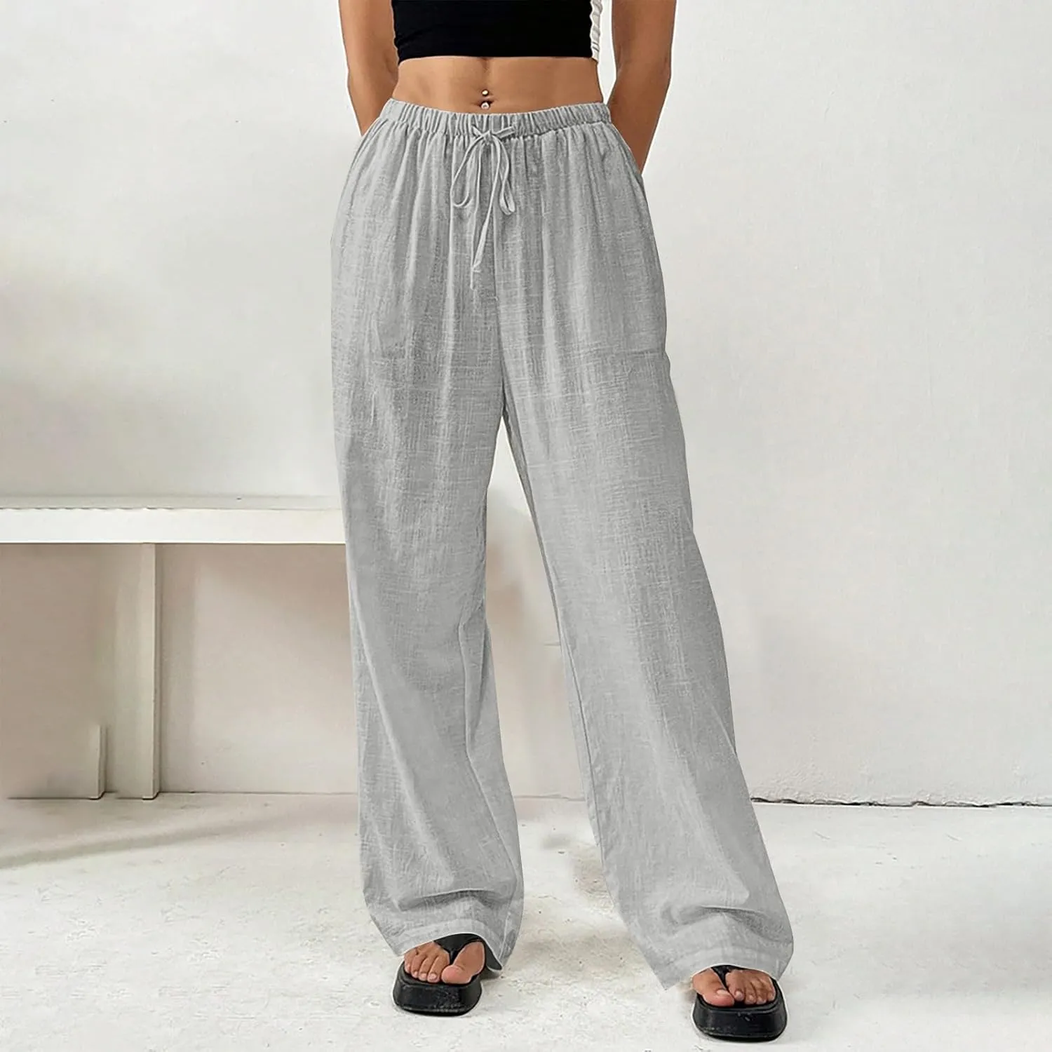 Women Summer Drawstring Pants Waist Wide Leg Pant Loose Cotton Linen Palazzo Trousers Casual Beach Long Clothes